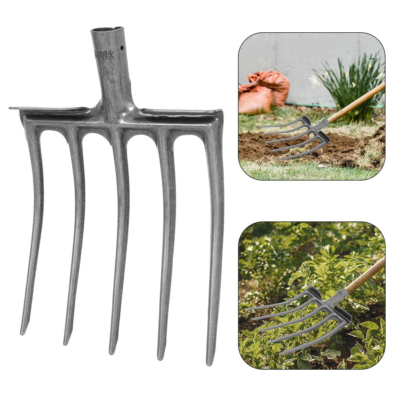 Horquilla de Acero Agrícola de 5 Dientes Resistente para Aflojar y Airear Suelo, Cabezal Metálico Compatible Mango de Madera, Herramienta Manual para Jardinería y Preparación