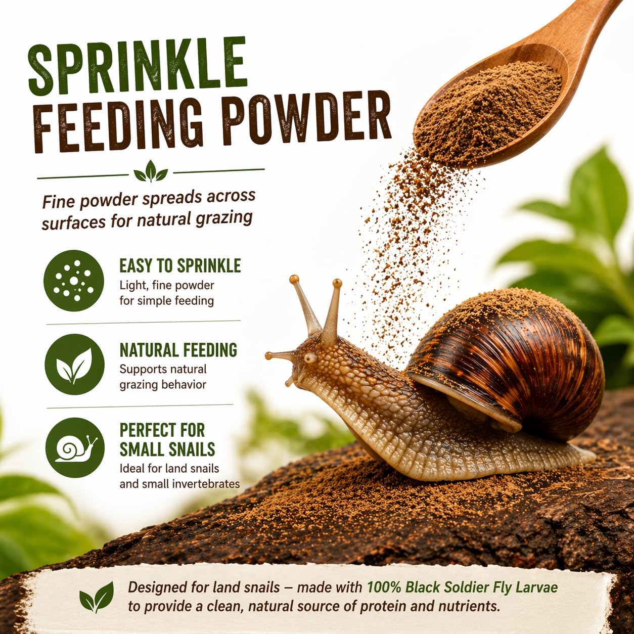 Snail Food Powder – BSFL Protein Sprinkle Feeding Powder for Land Snails & Small Invertebrates | Supports Shell Growth & Natural Grazing | 100% Black Soldier Fly Larvae