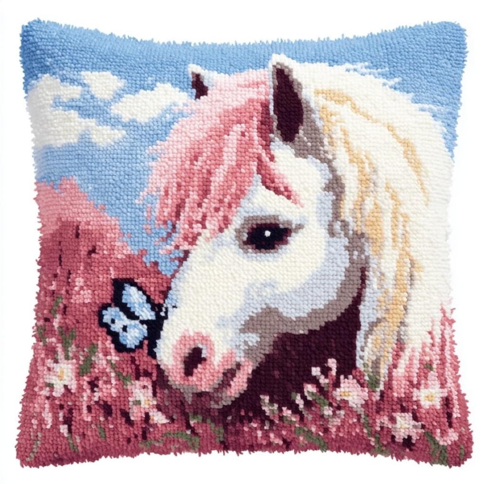 AxiangziK Latch Hook Cushion Kit 43x43cm,Horse and Butterfly Complete Needlecraft Set with Pre-Cut Yarn & Tools,Creative Home Decor Gift for All Ages