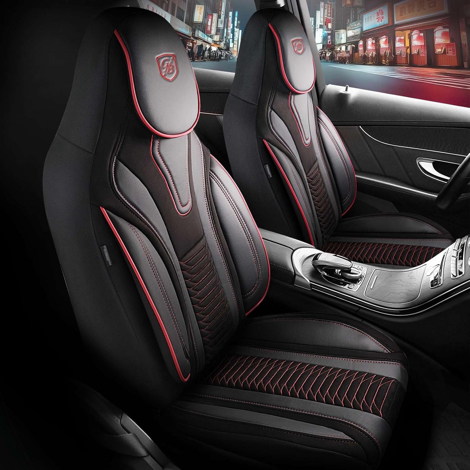 Premium Car Seat Covers Front Seat - Velour & Leather Car Seat Cover for SUV, Cars, Most Pickups, Black-Red, Car Seat Protector, Car Seat Covers Front Seats, Car Seat Protector