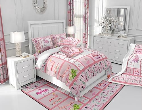 Miniatura 6 de Juego de ropa de cama con estampado floral botánico de flamenco, tamaño individual, para niños y niñas, temática de naturaleza botánica, 100%