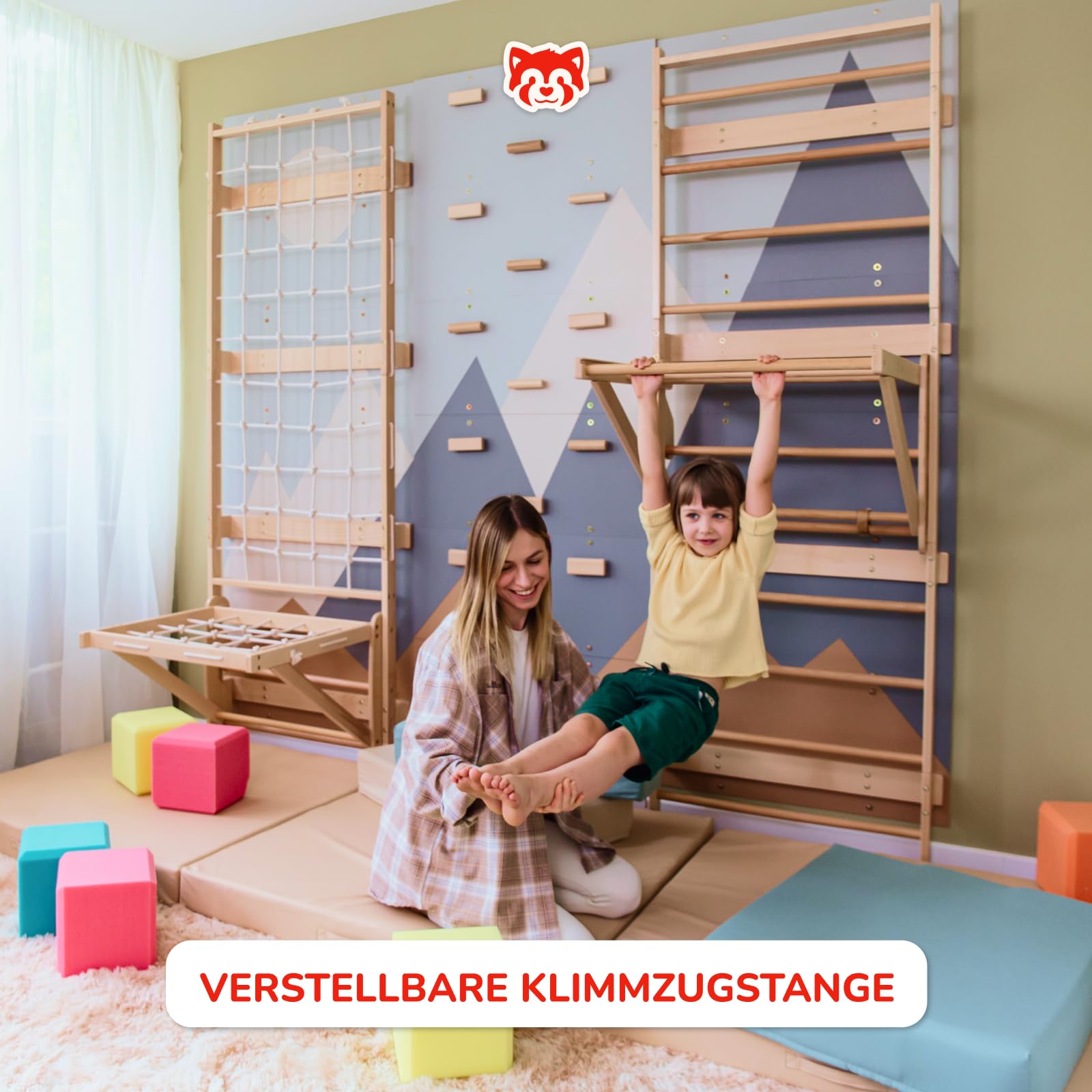 Wood And Hearts Sprossenwand, Klettergriffe, Kletterwand kinderzimmer, Klettern, Indoor Spielplatz, Klettersteine, Baby Klettern Indoor, Spielplatz (Kletterwand-Gym + Sit-Up-Stange)