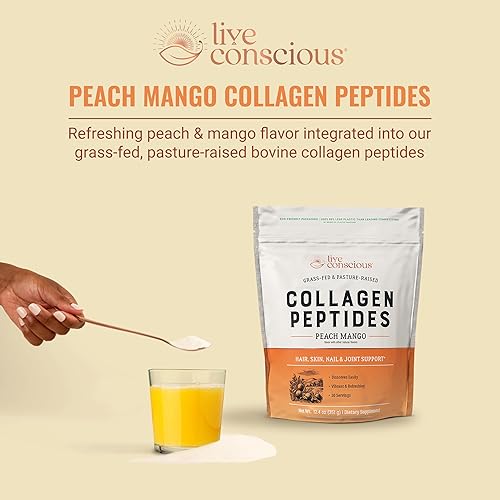 Miniatura 3 de Live Conscious Polvo de péptidos de colágeno  Polvo de colágeno con sabor a melocotón y mango  Apoyo para el cabello, la piel, las uñas y las