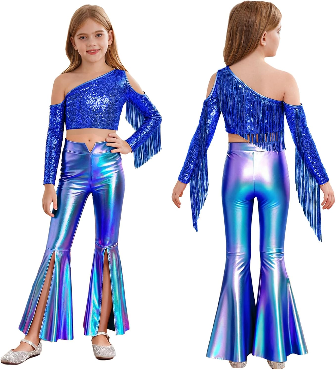 Loyan Girls Retro Disco Dance Clothes Set One Shoulder Crop Top and Bell Bottom 2 Piece Cheerleading Dancewear