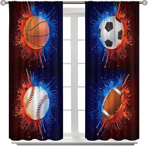 Vista 188 de Boys Sports Curtains Basketball Football Baseball Flame Pattern Printed Curtains Kids and Teenagers' Bedroom Living Room Blackout Curtains W42 * L54