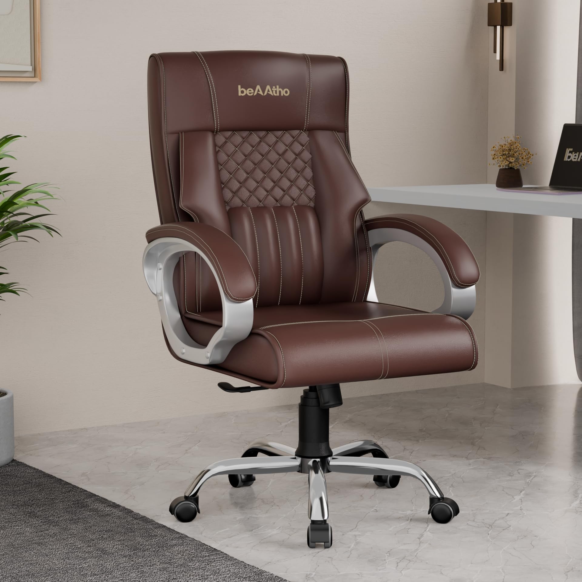 Oxford Leatherette Office Chair with 3 Years Warranty, Ergonomic Leather Orthopedic Executive Boss Chair with Spacious Cushioned Seat | Heavy Duty Metal Base | High Back (Brown)