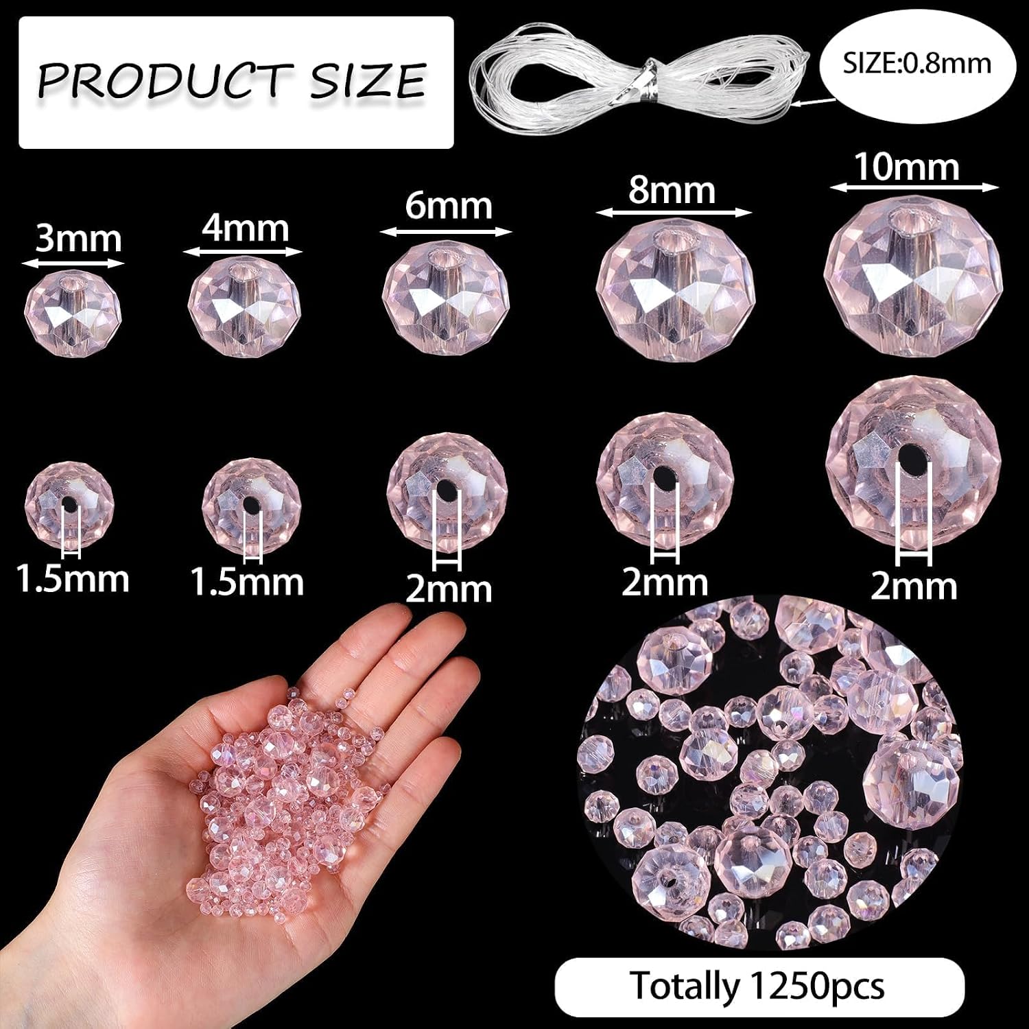 1250PCS 5 Different Size Pink Crystal Beads for Jewelry Making, Rondelle Glass Beads for Bracelets Necklace, Earring and Making Supplies, Arts and Crafts, AB Color (3/4/6/8/10mm) image 4