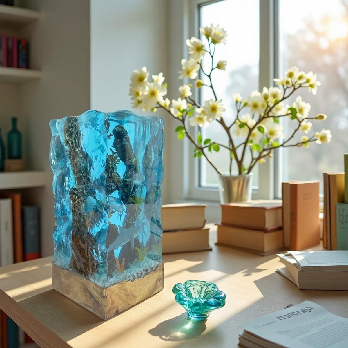 Lampada notturna resina 3D con squalo bianco e subacqueo, base legno RGB LED. Decorazione e regalo per gli amanti del mare
