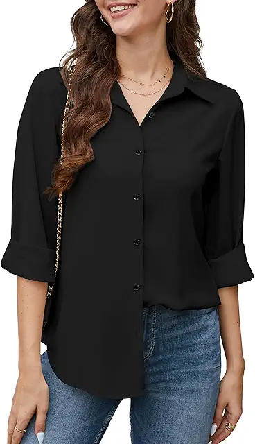 Stamain Women's Chiffon Blouse - Long Sleeve Button Down Shirt - svart blus hög krage
