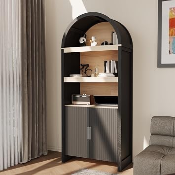71in Tall Bookcase Arched Cabinet, Modern 5 Tier Bookshelf Mid Century Arched Display Cabinet with Fluted Doors Open Display Shelves for Office Dining Living Room, Black & Oak