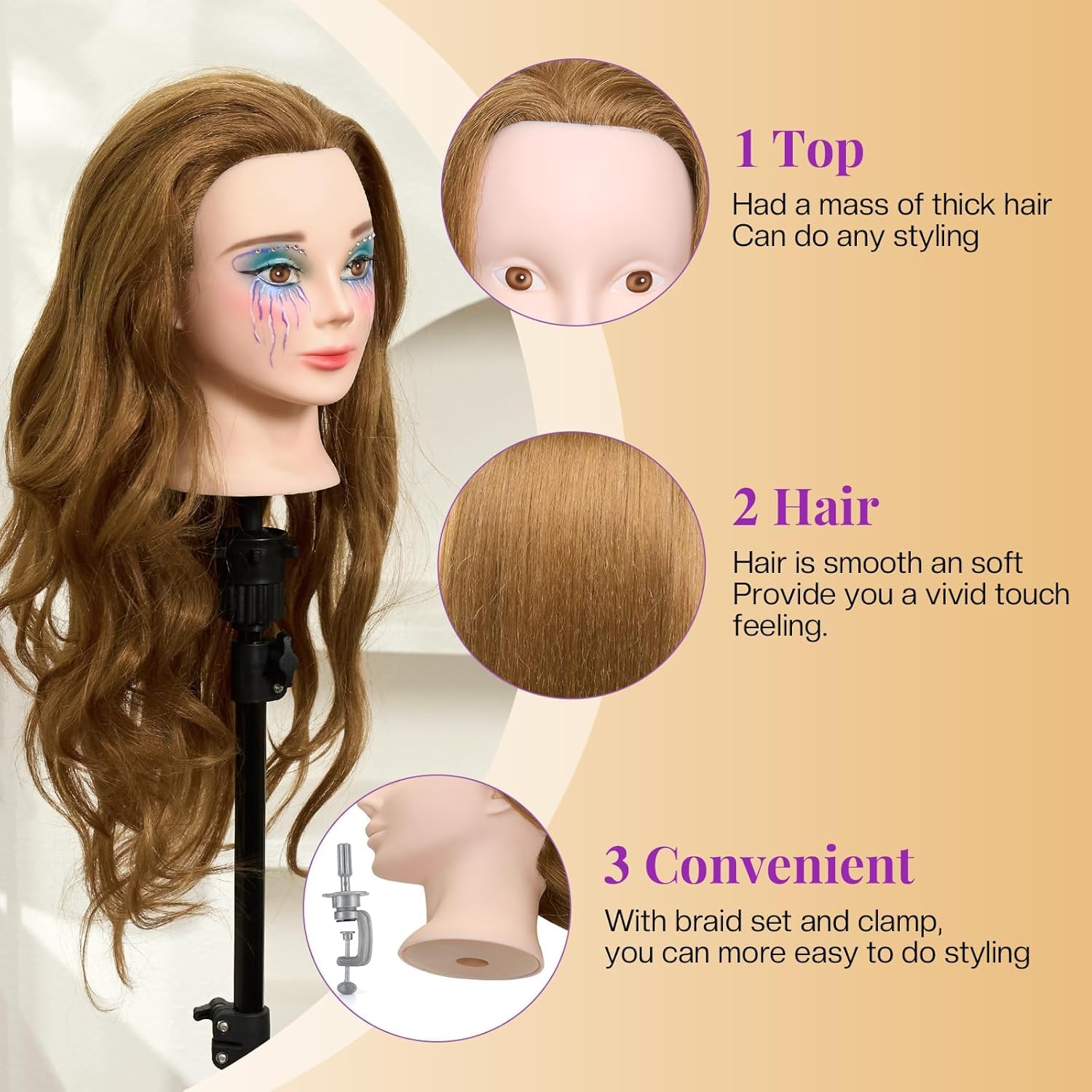 Neverland 24 Zoll Schminkkopf Frisierkopf mit Ständer 80% Echthaar Übungskopf Trainingsköpfe Friseurkopf mit Halter + Hair Styling Braid Set