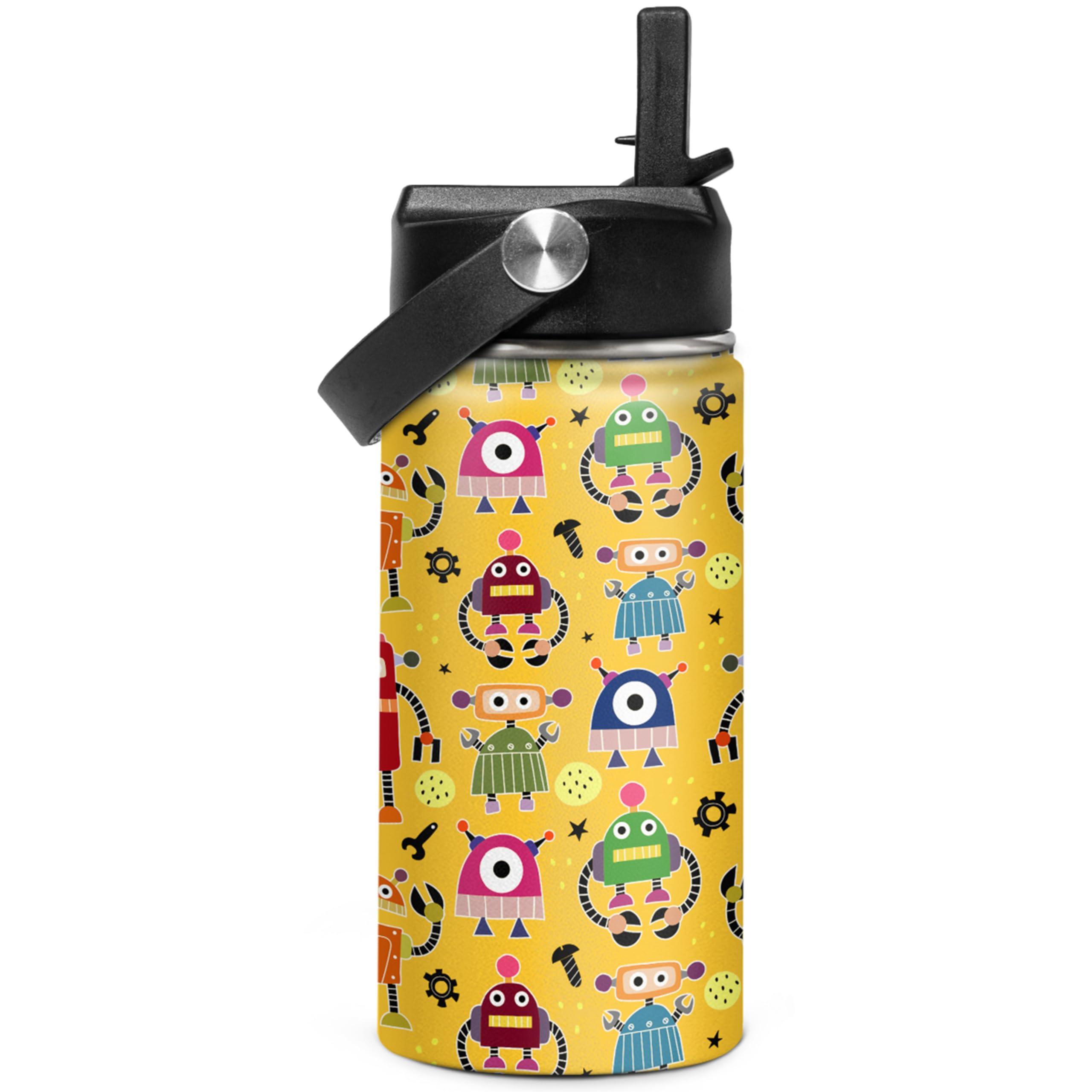 Kids Water Bottle with Straw Robot Insulated Water Bottles 12oz Stainless Steel Travel School Tumbler Double Wall Vacuum Cup for Boys Kid