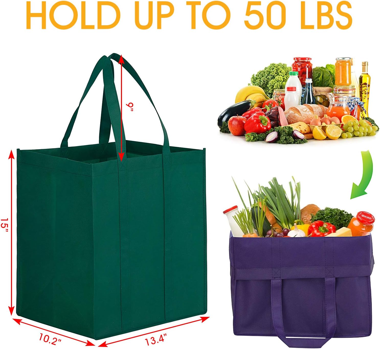 WISELIFE Reusable Grocery Bags 12 Pack, Large Foldable Shopping Bags Tote Bags,Eco-Friendly Produce Bags with Long Handle for Shopping Groceries Clothes (6 Assorted Colors ) -