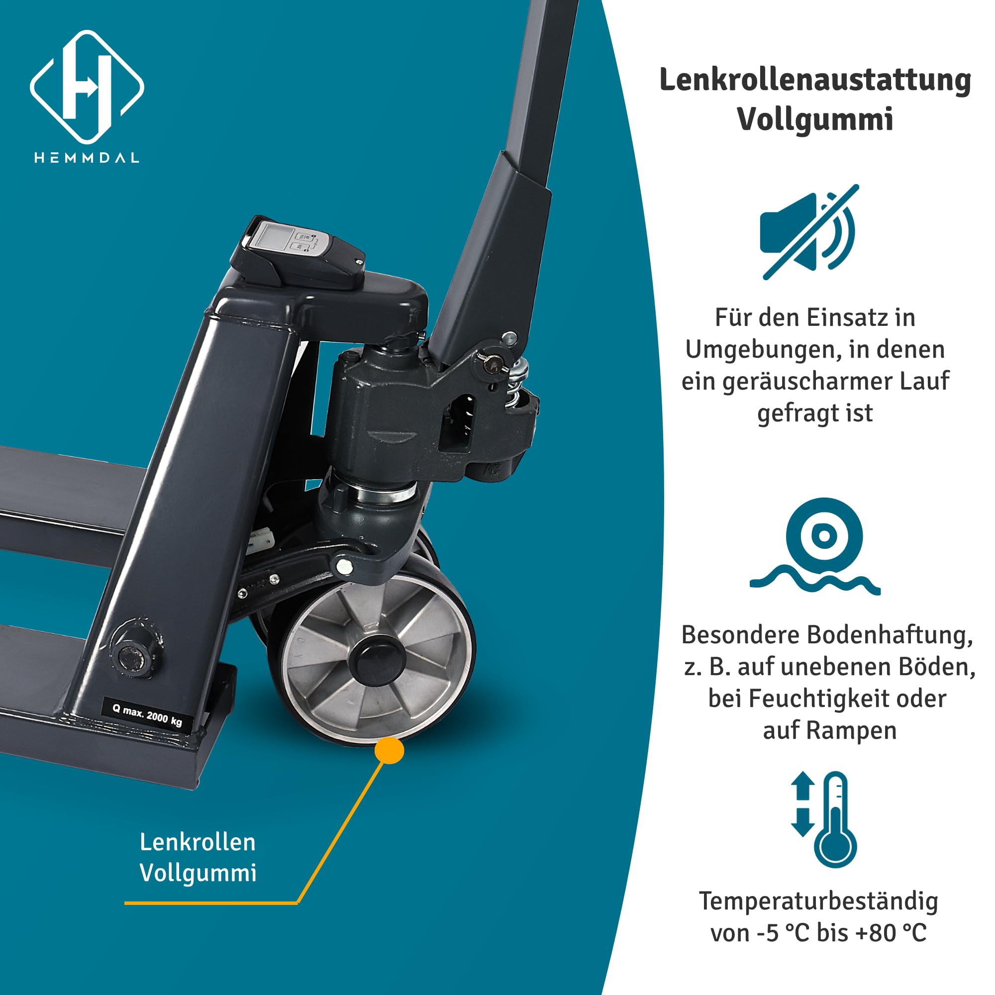 HEMMDAL Hubwagen PTM mit Waage | Display mit 5 kg Schritten | 2.000 kg Tragkraft | 1.150 mm Gabellänge | Polyurethan Lenkrad | Polyurethan Tandem-Gabelrollen | Wiegehubwagen