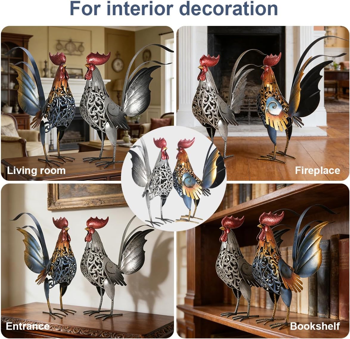 18" Metal Roosters Garden Statues Outdoor Decor - Carved Iron Rooster Yard Art for Patio, Lawn, Backyard, Farmhouse - Chicken Lover Gifts-Set of 2