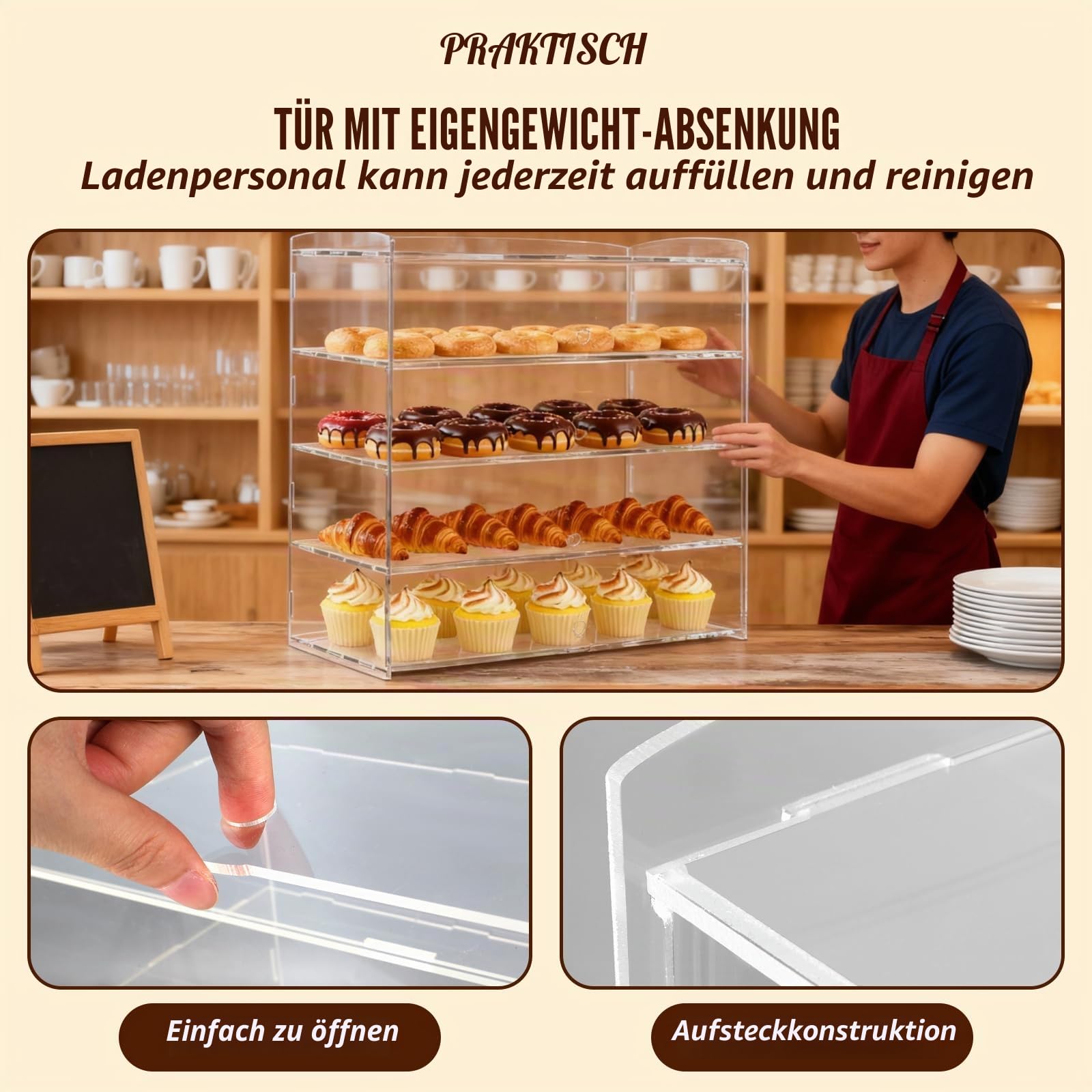 LIROPAU 4-stöckige Gebäck-Vitrine, klare Acryl-Thekenvitrine für Bäckereien, Gebäckvitrine für kommerzielle Arbeitsplatte, 49*23*50cm Bäckerei-Vitrine, transparenter Acryl-Sandwich-Brotschrank