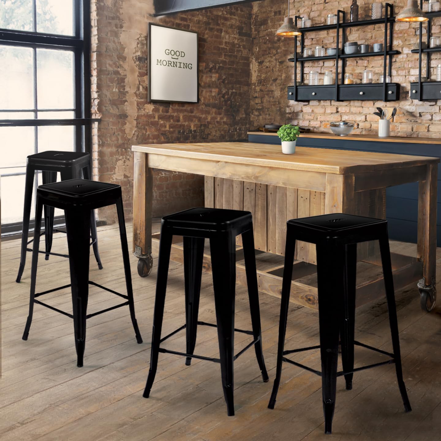 IDMarket - Lot de 4 tabourets de Bar Leny métal Noir Mat empilable Aspect Brut Factory