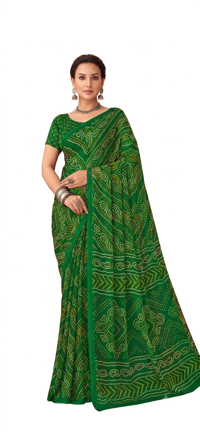 Green Bandhani Chiffon Saree for Women | Lightweight Traditional Saree-image-49