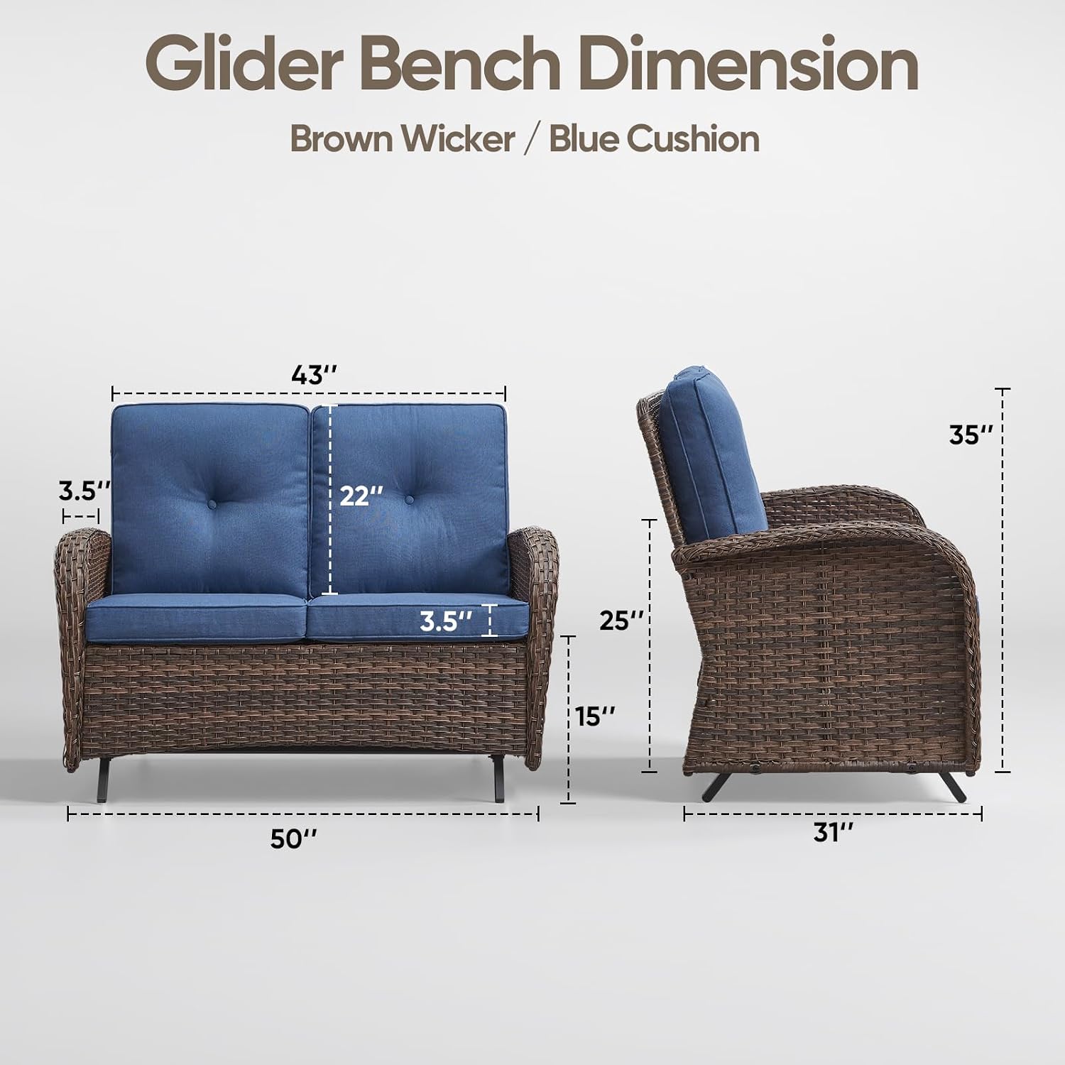 Patio Loveseat Wicker Loveseat Rattan Glider Sofa with Curved Armrest Thicking Back & Seat Cushions for Garden Balcony Backyard Brown Wicker|Blue Cushions (B) Patio Loveseat Glider