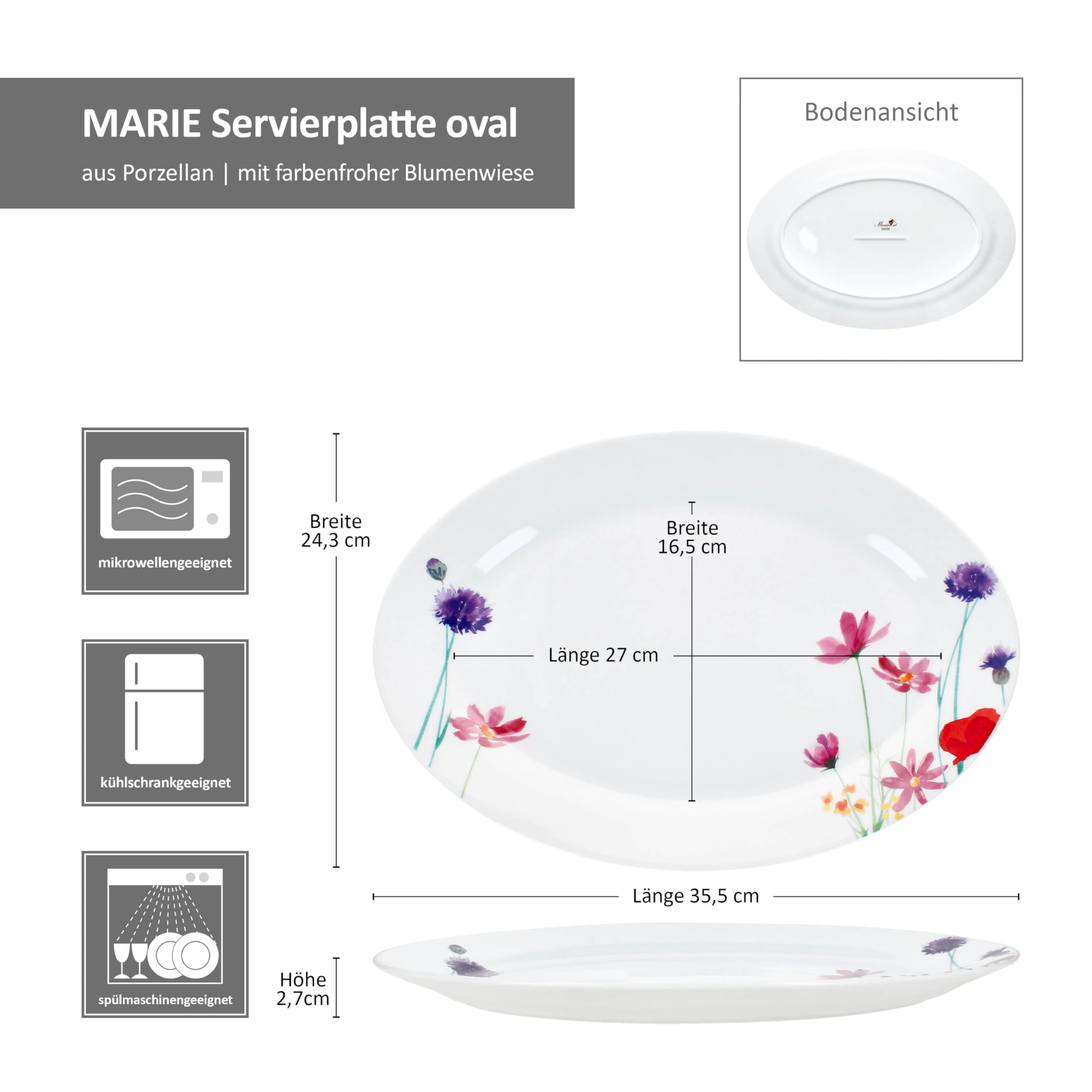 MamboCat Marie Set di 2 piatti da portata ovali, 35,5 x 24,3 cm, piatti allungati in porcellana con decorazione prato floreale, per sushi, antipasti, tapas & Co. I piatto antipasti