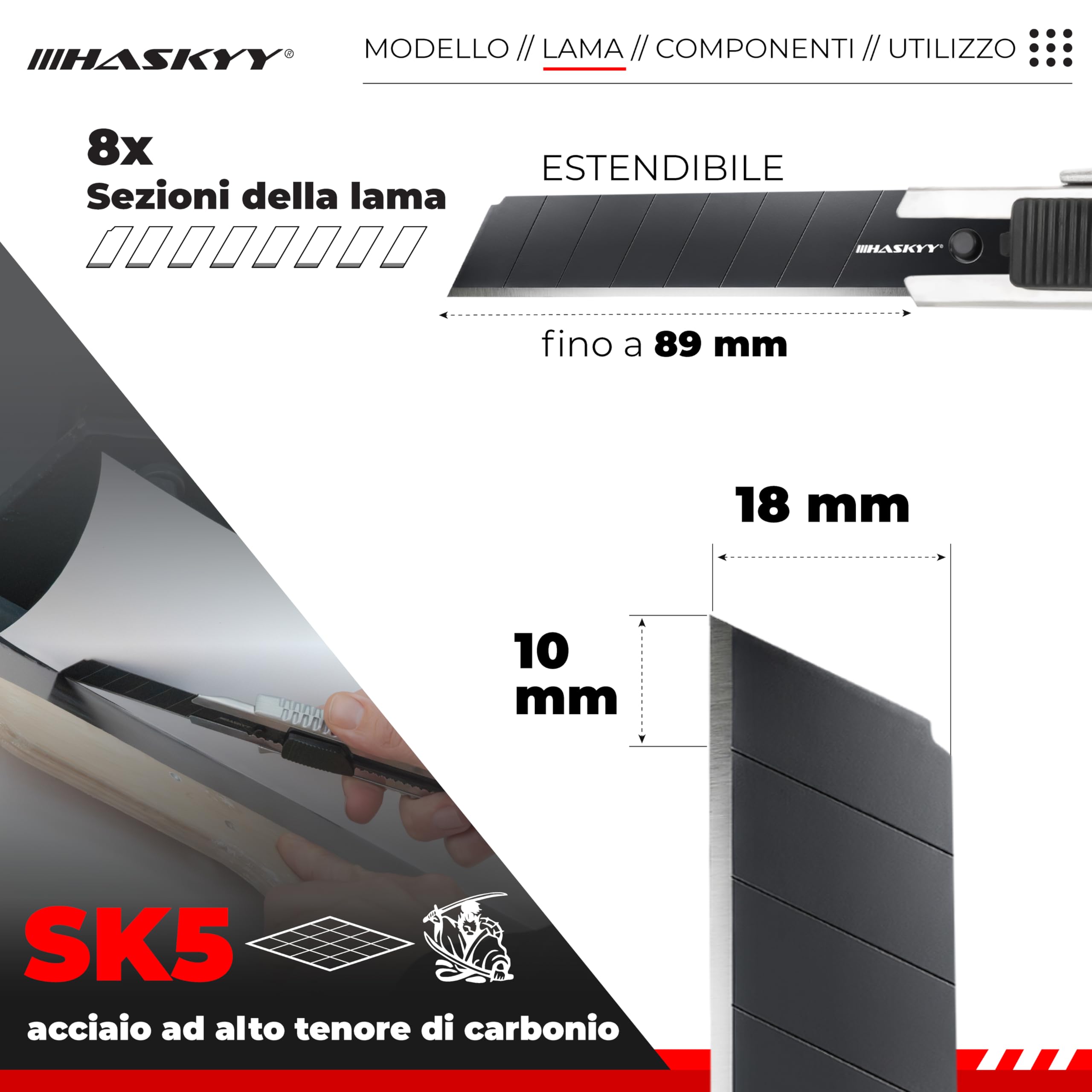 HASKYY Set 2 Taglierini Professionali 18mm + 5 Lame SK5 Premium - Cutter Sicurezza con Auto-Lock