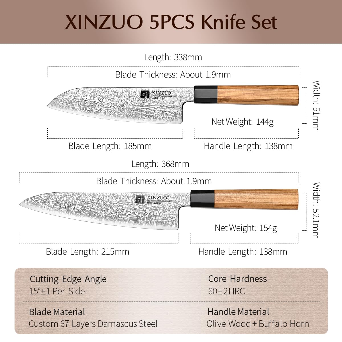 XINZUO Set Cuchillo Cocina 5 Piezas Acero de Damasco Juegos de Cuchillo de Cocinero,Forjado Profesional Hojas Afiladas Cuchillo de Damasco-Chef Santoku Pan Universal Fruta-Mango de Madera de Olivo