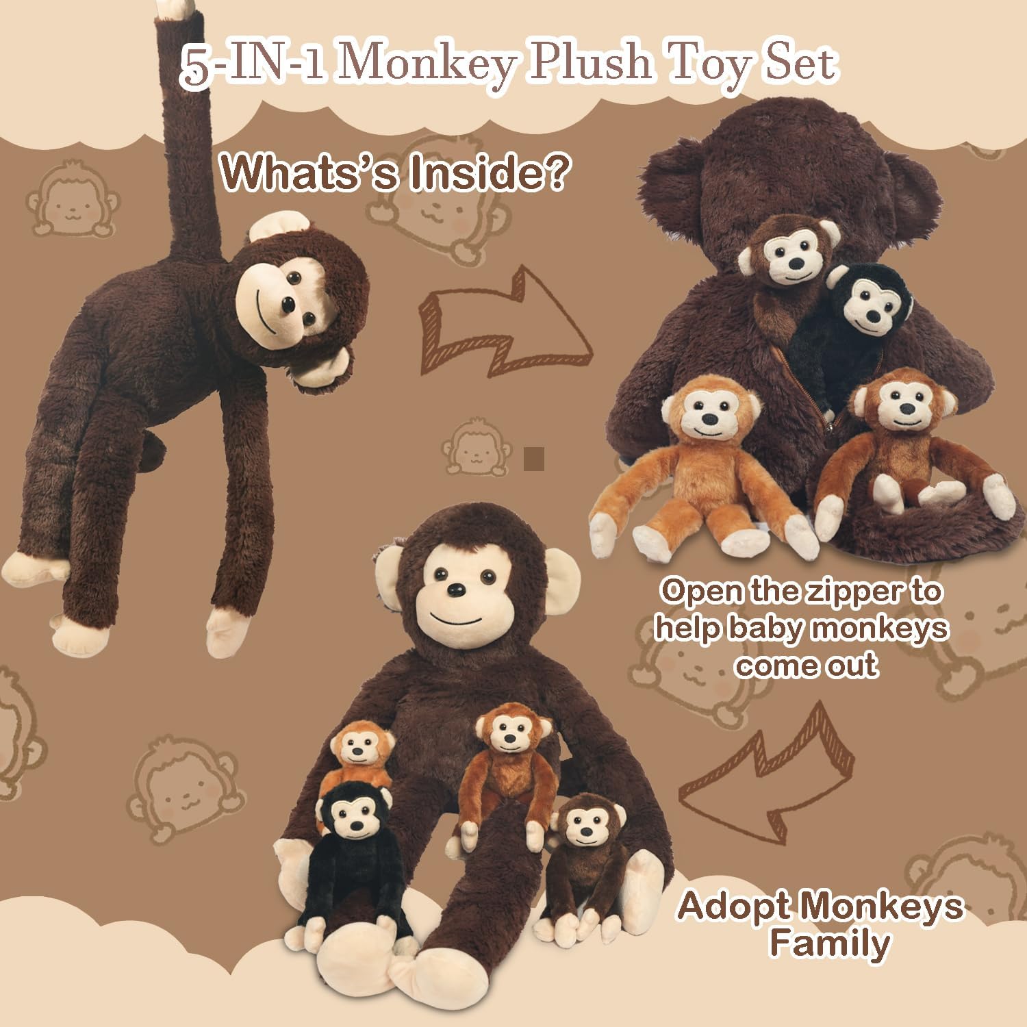 5 PCS Monkey Stuffed Animal, Large Huggable Stuffed Monkey Plush Toy with 4 Baby Monkeys for Kids, Hanging Monkeys Plushies Gifts for Boys Girls Easter Christmas Birthday Jungle Forest Party Decor