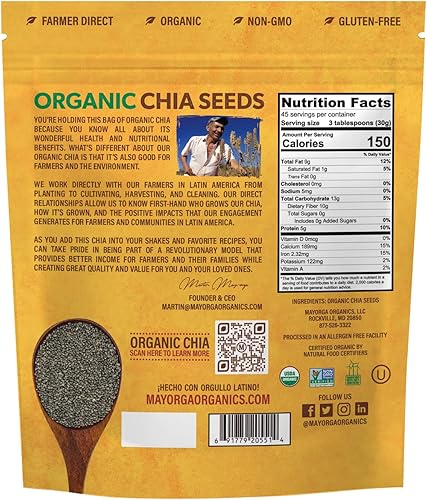 Miniatura 2 de Mayorga Organics Semillas de Chia crudas bolsa resellable de 3 libras certificado orgánico USDA sin gluten verificado sin OMG comercio directo