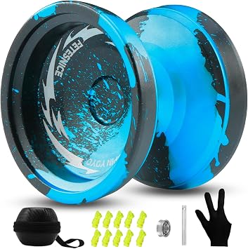 FETESNICE FS23 Yoyo Professional Responsive Yoyo for Kids 8-12, Unresponsive Yo yo for Adults, Dual Function Metal Fingerspin Trick Yo-yos with Yo-yo Strings + Yo-Yo Accessory Kit-Black Blue