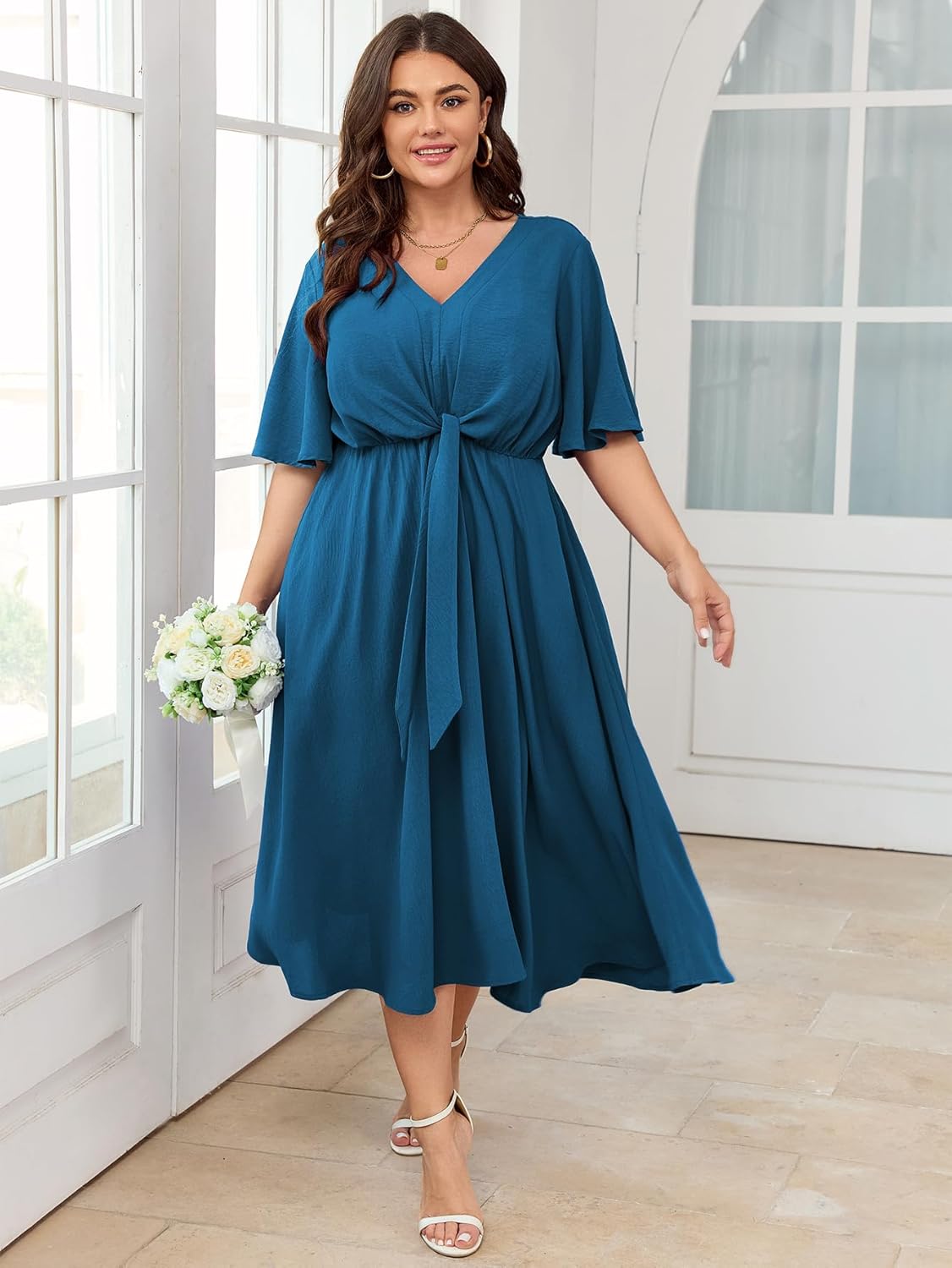 SCOMCHIC Women Plus Size Midi Dresses Wedding Guest Short Sleeve V Neck Tie Waist Casual Summer Flowy A Line Dress - Image 3