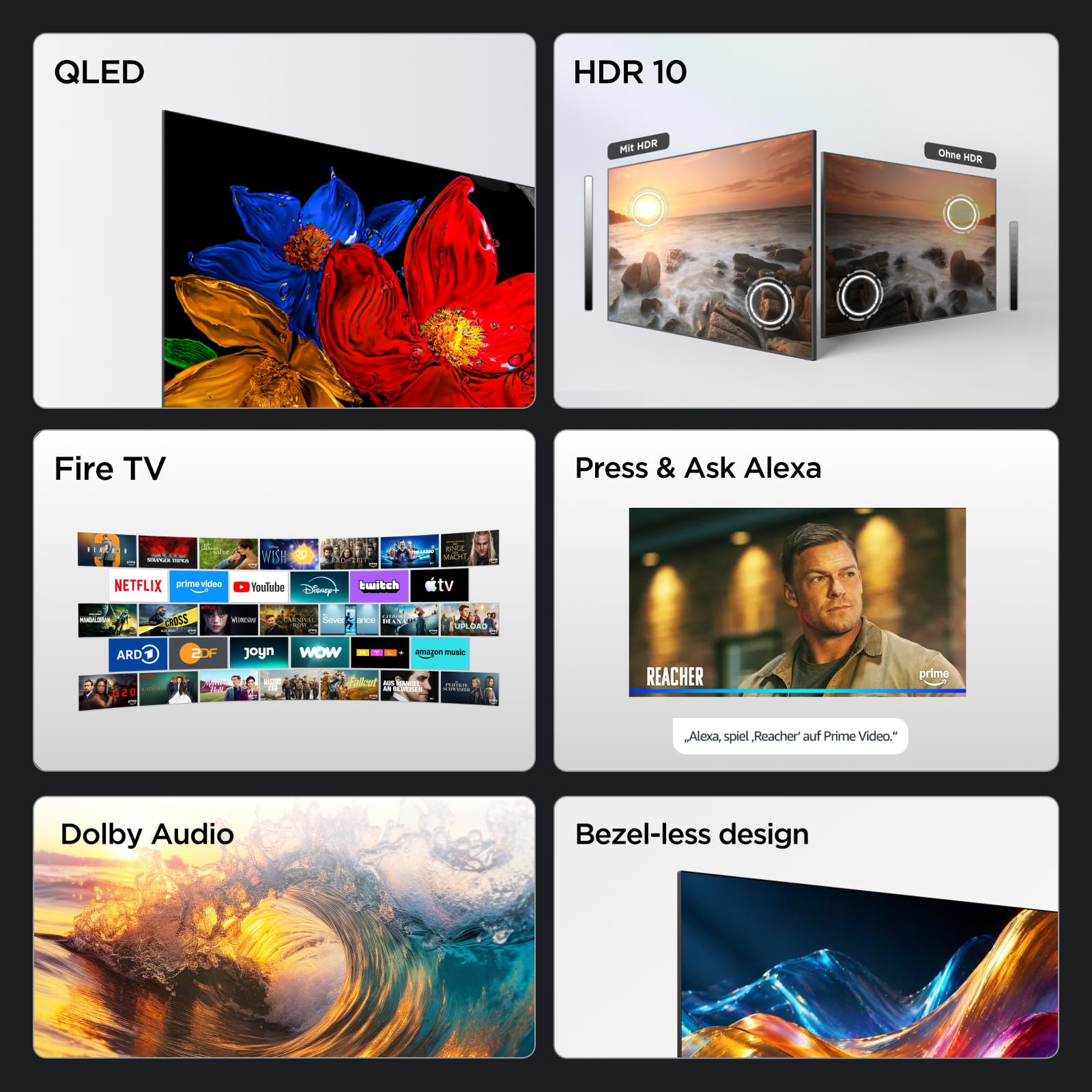 TCL 43V5D – 43 Zoll Full HD, QLED, HDR, Direct LED, Fire TV, Press and Ask Alexa, AirPlay 2, Rahmenloses Design in Metall-Optik