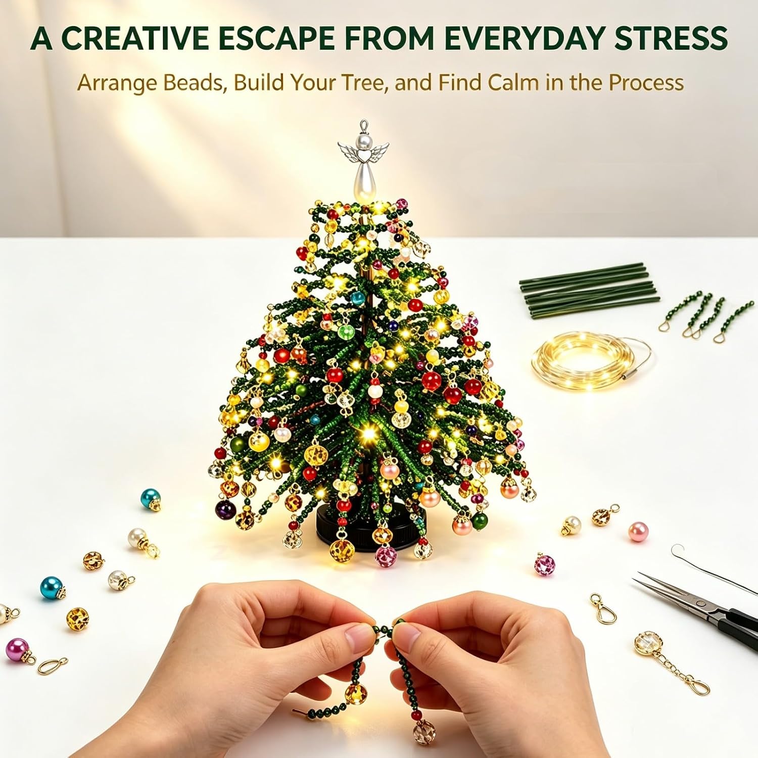 DIY Beaded Christmas Tree Kit, 2027 Upgrade Handmade 3D Crystal Bead Christmas Tree Making Kit with Lights, Mini Desk Ornament, Holiday Tabletop Decoration（Green）