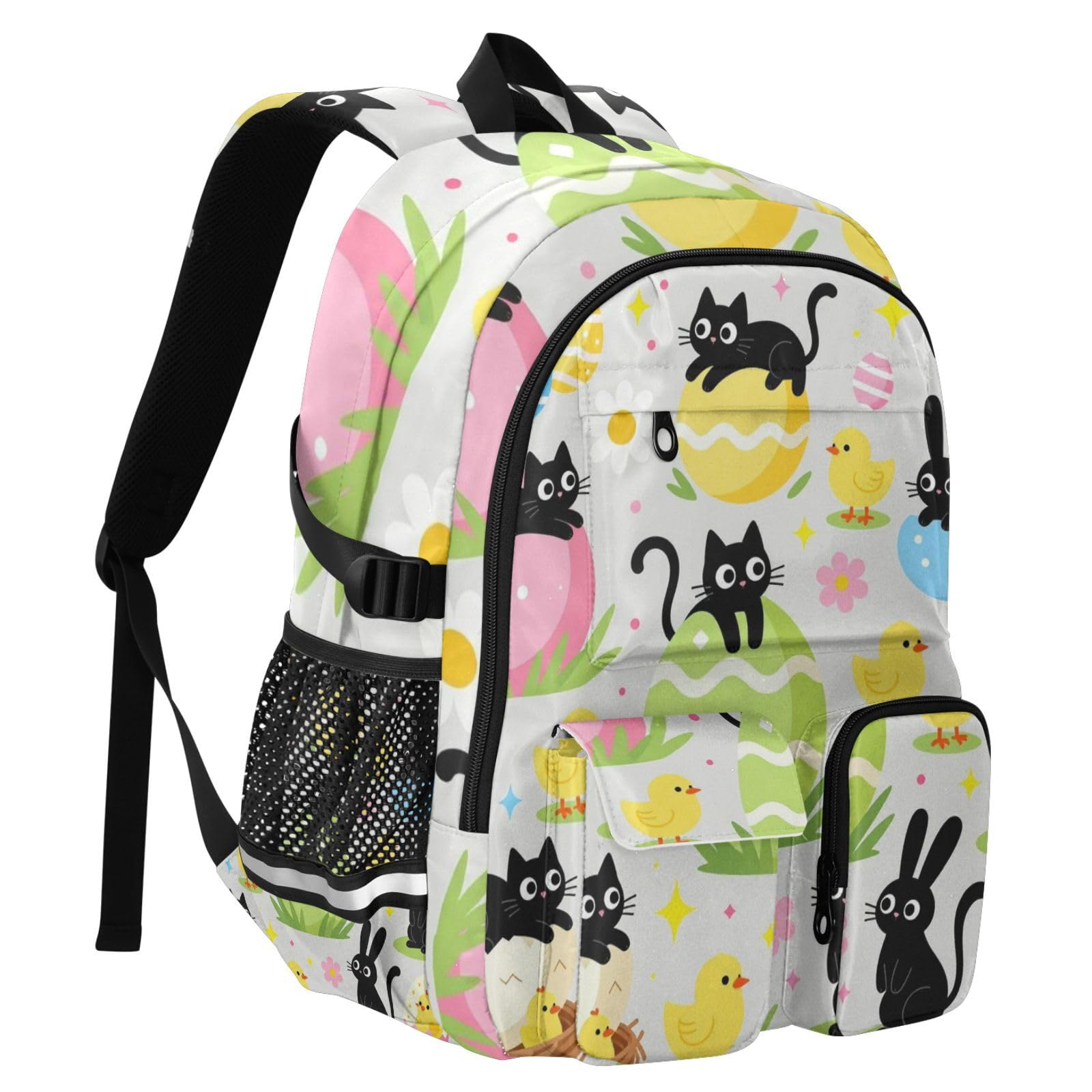 Duży plecak podróżny czarny kot z jajkami królika Happy Easter Work College School Bookbag