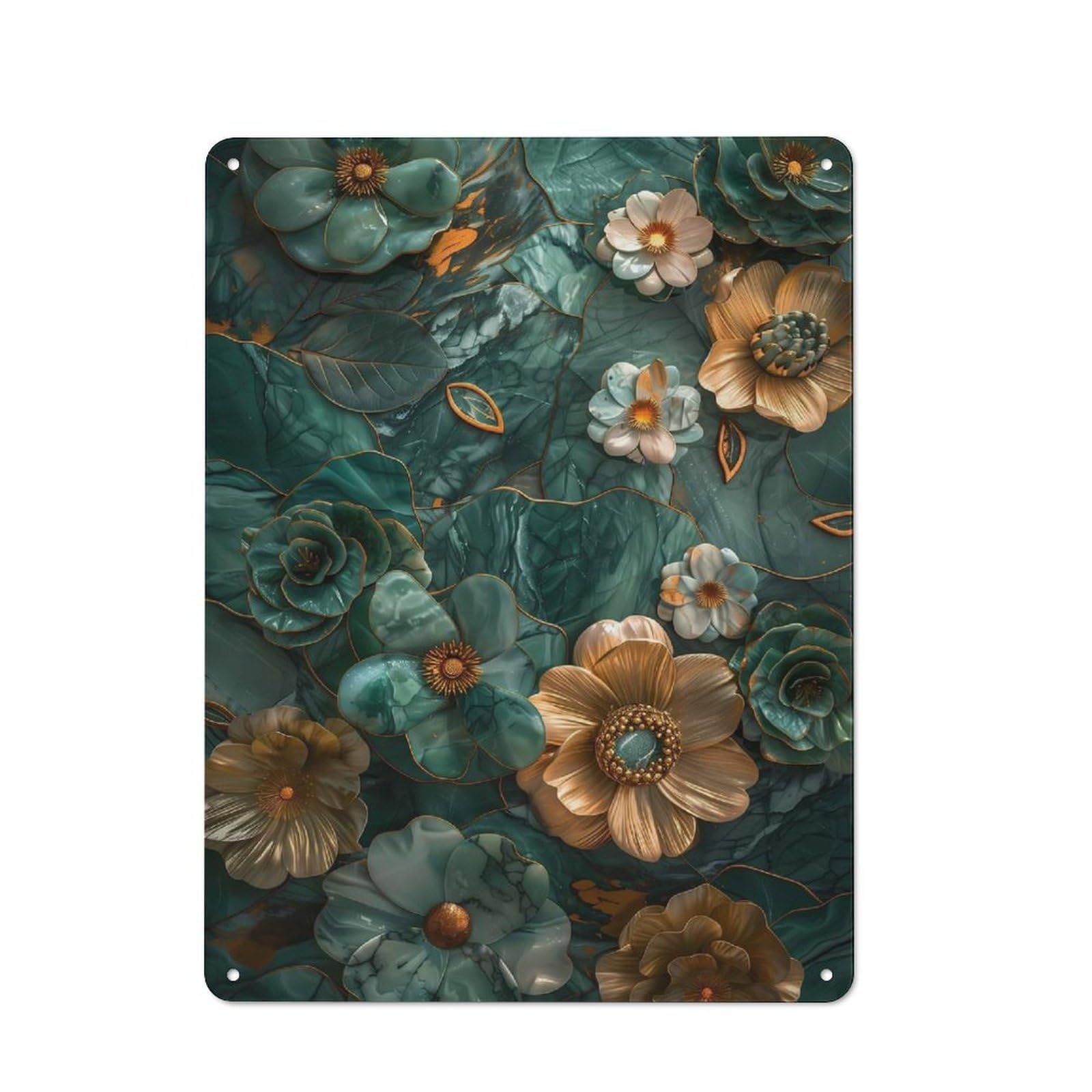 Floral Gold Malachite Art Metal Wall Plaque, Easy to Hang Plaque for Garage, Shed, Workshop Or Hobby Room, 40x30cm