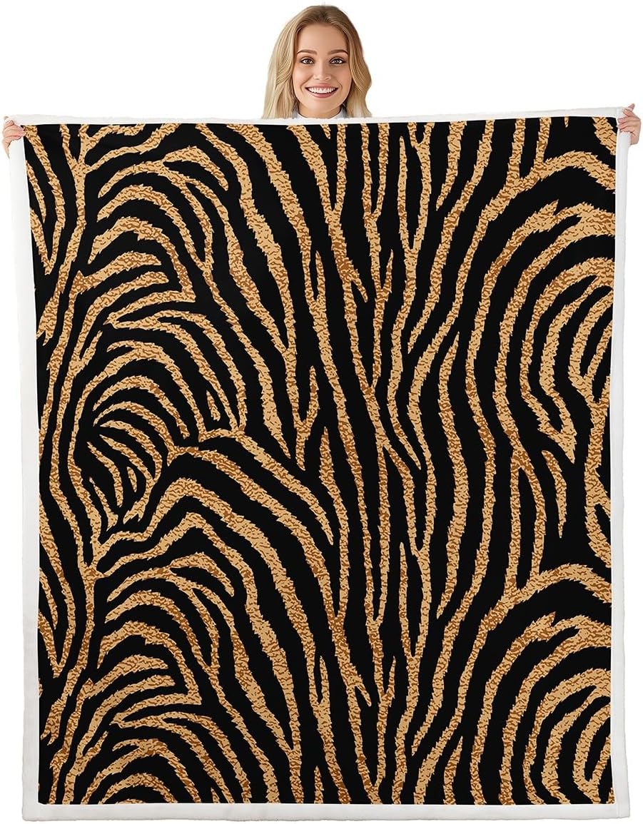Wild Animal Skin Fleece Blanket,Zebra Stripe Brown Black Throw Blanket for Sofa Adults,Zebra Print Soft Blanket Bed Couch,Queen (90 x 90 Inches)