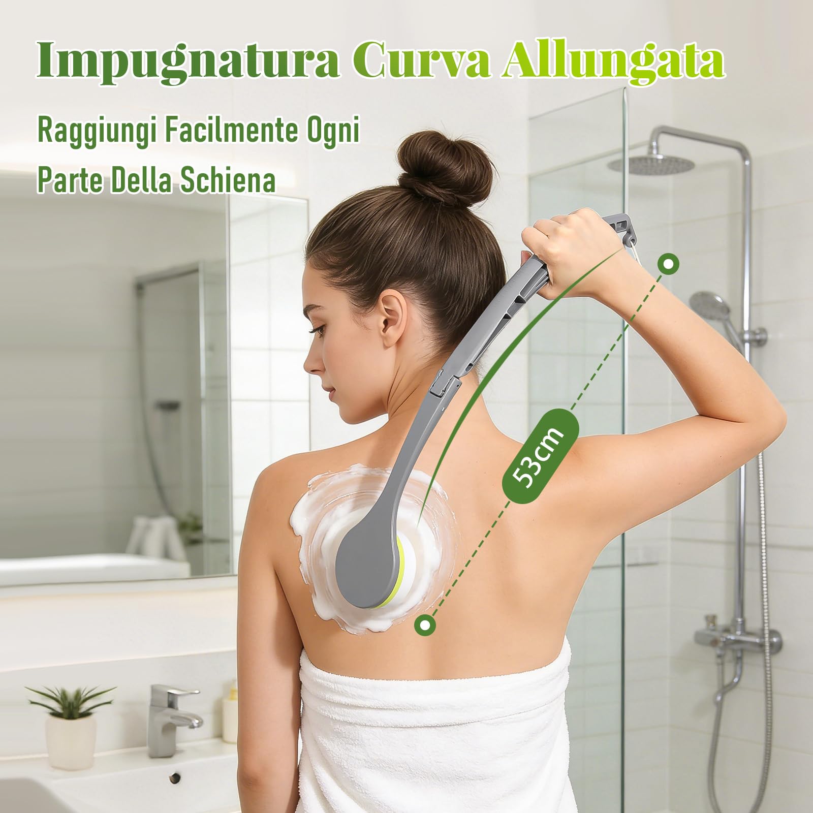 Crema aiuto per la schiena con 2 teste in EVA e sfera massaggiante – Spazzola da bagno per la cura della pelle, applicazione uniforme di lozione durante la doccia