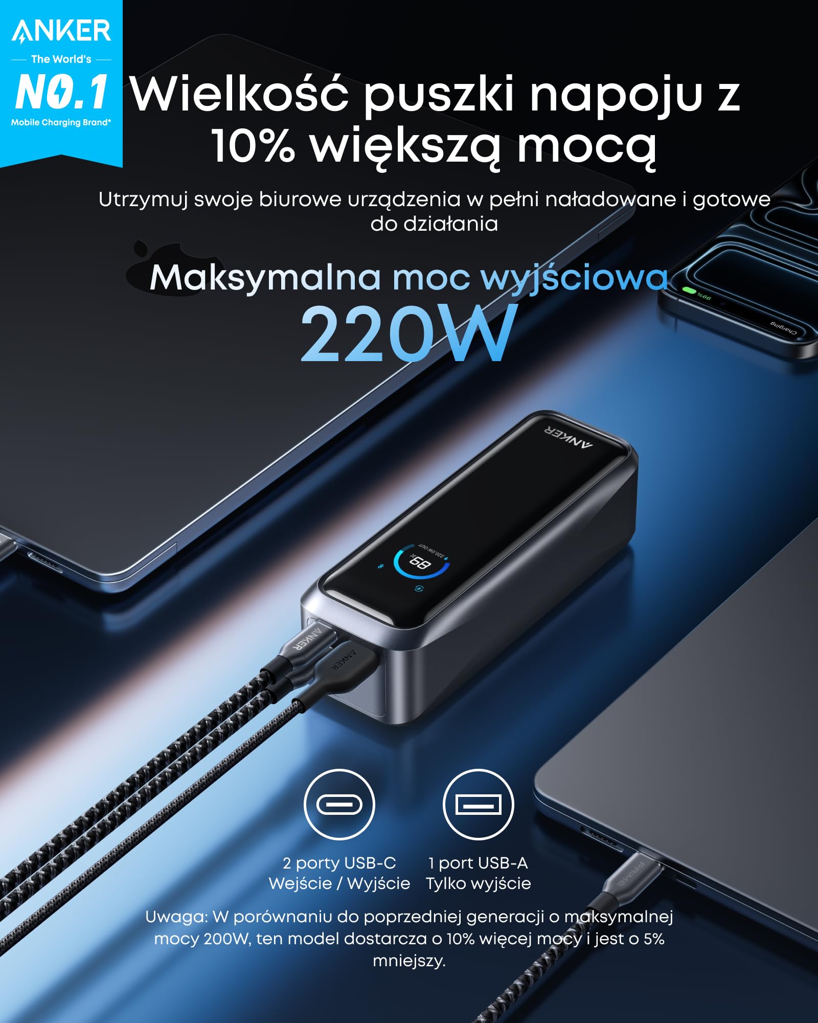 Anker Prime powerbank, 20100 mAh, 220 W, 3 porty, ładowanie dwukierunkowe | dopuszczony do transportu lotniczego, sterowanie przez aplikację, do MacBook, iPhone z serii 17/16/15. (bez bazy ładującej)