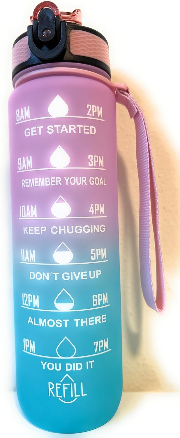 Motivational water bottle with time markers (Light pink/Teal)