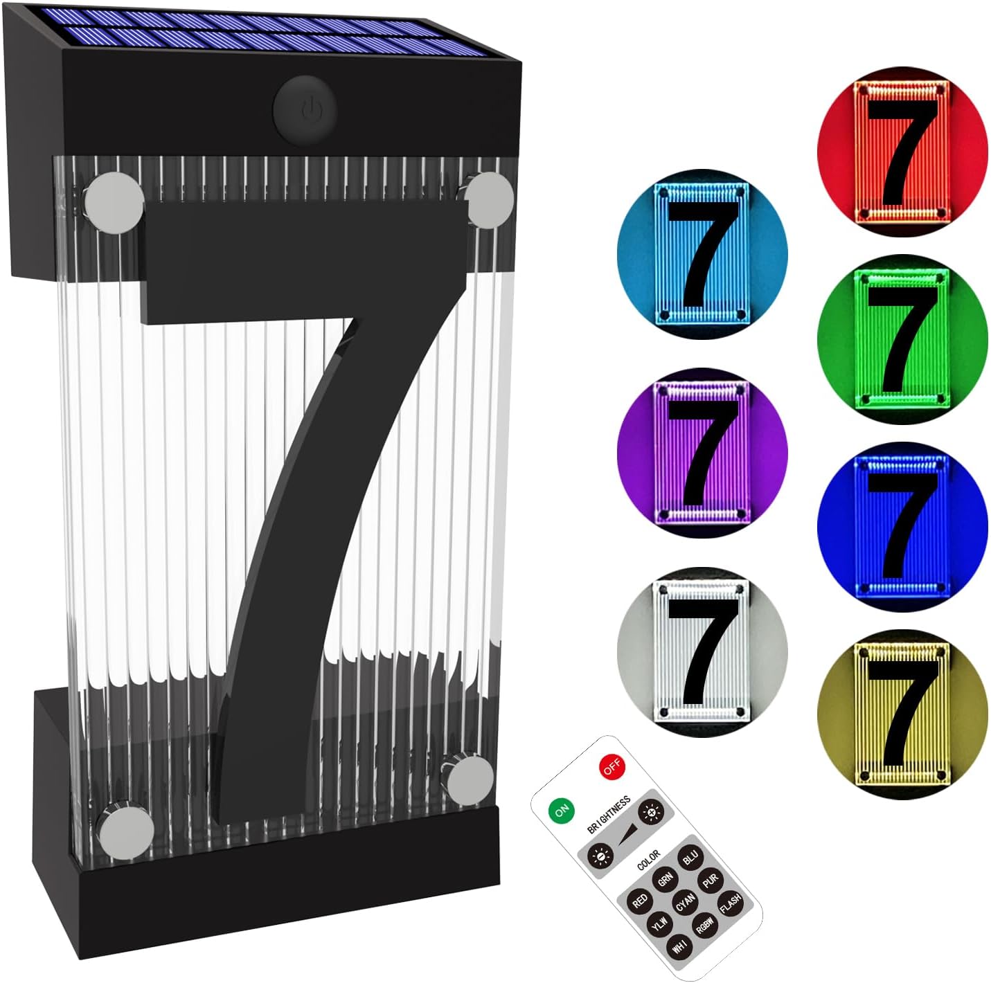 Solar House Numbers for Outside, 3D Acrylic Number Colorful light Remote Control, Solar Address Sign, Lighted Modern Address Numbers Solar Powered for Yard Street (Number 7)