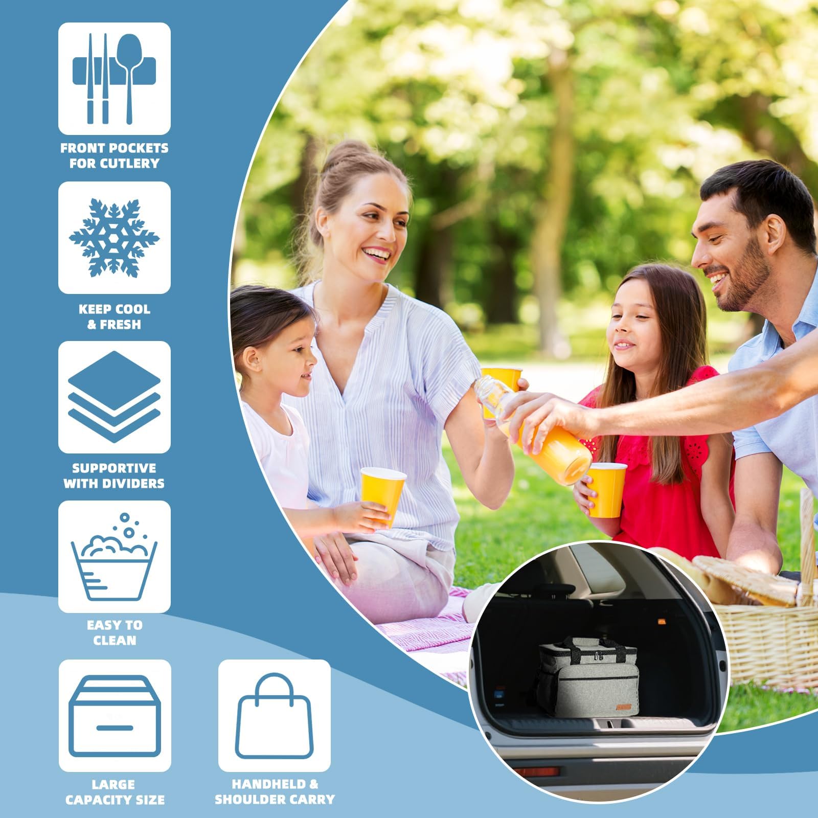 ALLCAMP Large Foldable Insulated Cooler Bag - Thermal Cooler Lunch Bag, Removable Picnic Bag for 2 People, Thick Insulated Picnic Basket - Includes 2 Ice Packs