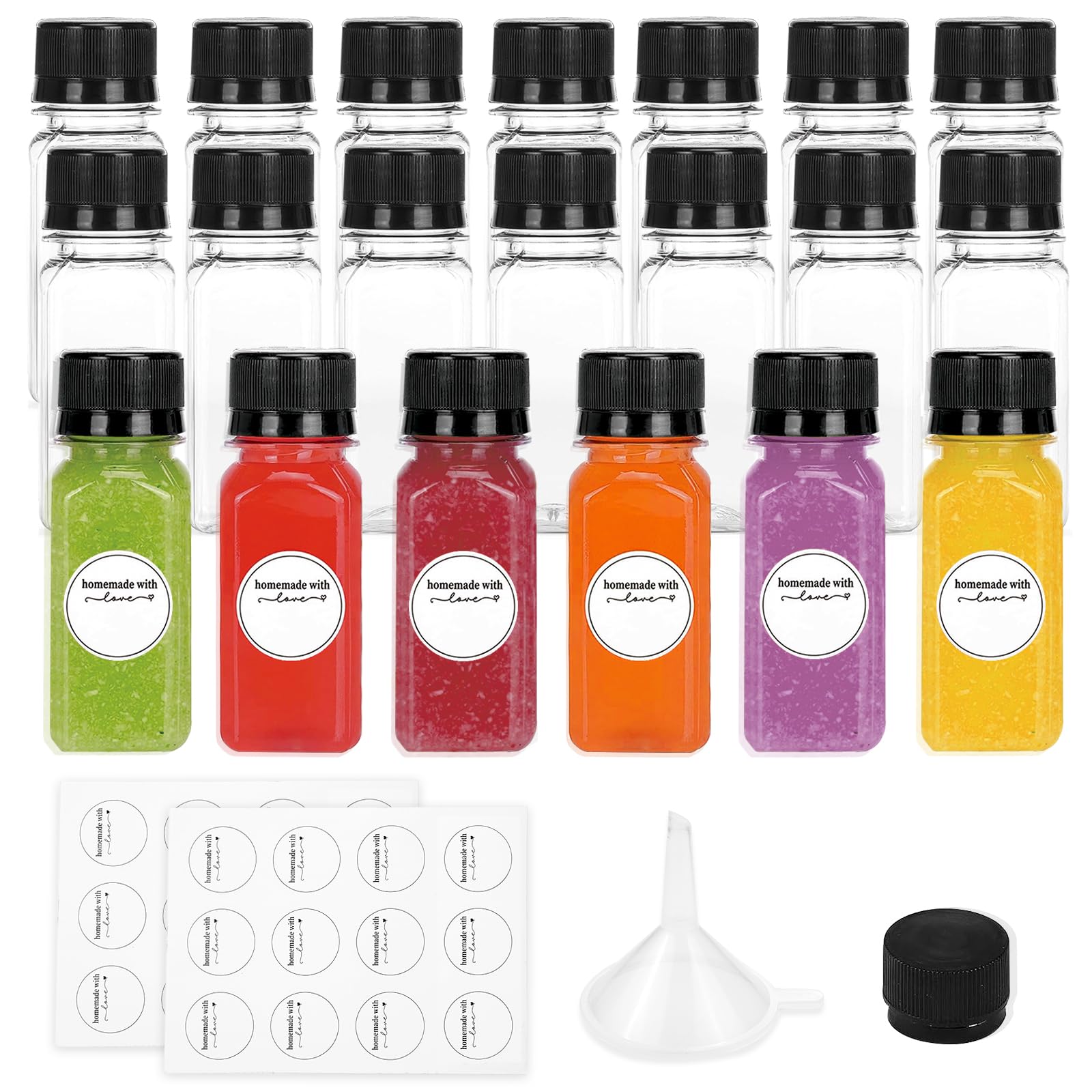 Z-synka 20pack 2oz Small Plastic Juice Bottles Shot Bottles with Caps,Label,Funnel and Brush,Reusable 2 oz Containers with Lids for Juice,Smoothie,