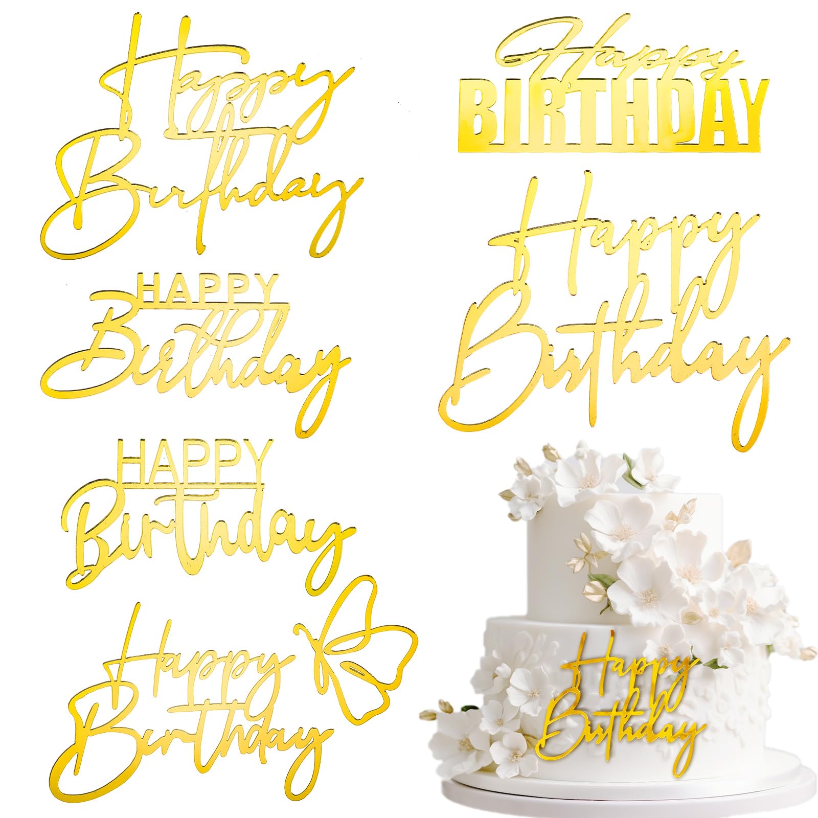 6 Goldene Happy Birthday Kuchendekorationen, 6 Verschiedene Stile – Für Geburtstagstorten, Cupcakes & Deko