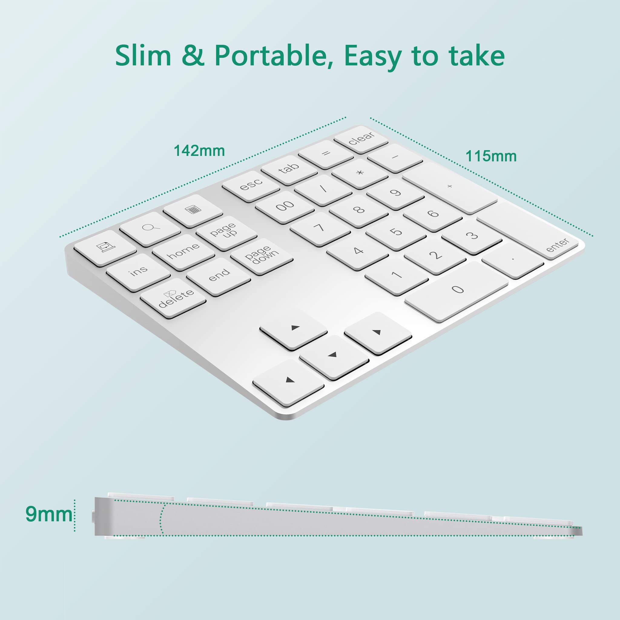 Pavé Numérique sans Fil, Clavier Bluetooth à 34 Touches Clavier avec Câble USB Compatible avec Windows, iOS, système Android, Argent
