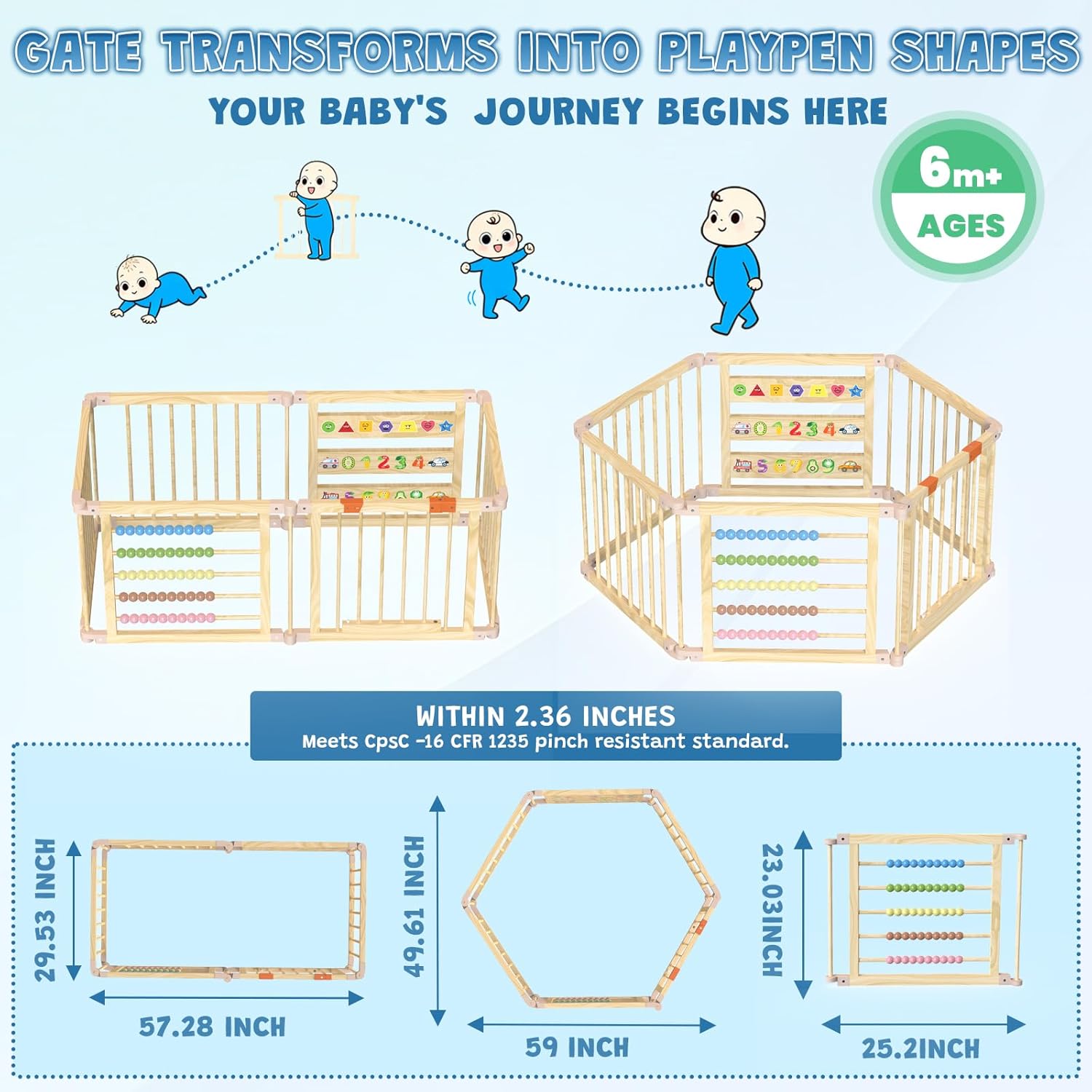 Foldable Wooden Baby Playpen with Gate, Wood Baby Play Pen Play Yard with Educational Abacus, Alphabet Board, Shape Color Board & Child Proof Lock, Wood Playpen for Babies and Toddlers 57×30×23 inch