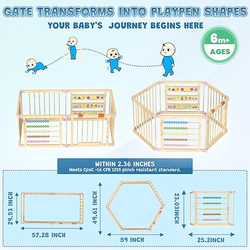 Corralito plegable de madera para bebés con puerta, corralito de madera con ábaco educativo, tablero del alfabeto y cerradura a prueba de niños,