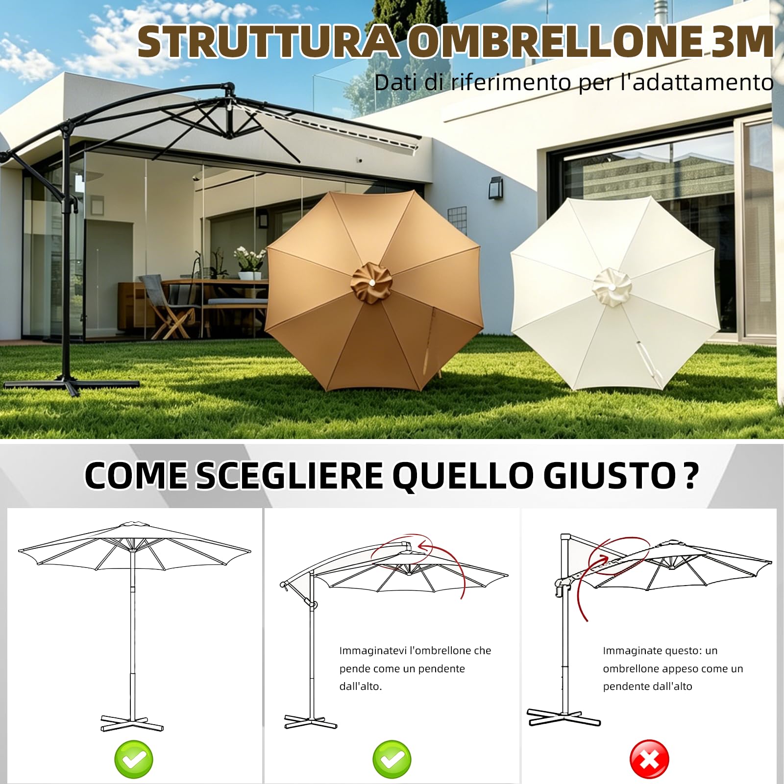 Copertura di ricambio per ombrellone, diametro 3 m, copertura di ricambio, 8 stecche, per ombrellone da giardino, spiaggia, piscina (cachi, 3 m/8 ossa)