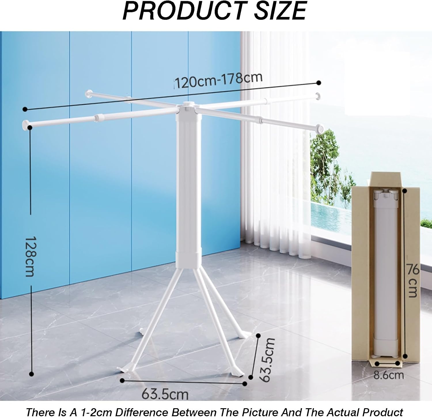 Clothes Drying Rack ​Foldable,Standing Drying Rack Clothing Extendable Length 120-178cm,4-Leg Support Load Capacity 50kg,with 4 Expandable Rods(White)