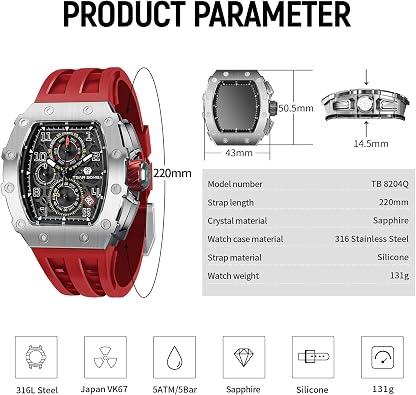 TSAR BOMBA Watch for Men, 50M Waterproof Mens Watches, Luxury Tonneau Black Watch with Silicone Watch Bands, Japanese Quartz Movement Chronograph, Gifts for Men