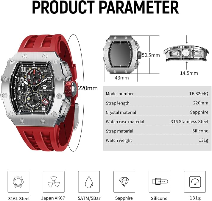 TSAR BOMBA Watch for Men, 50M Waterproof Mens Watches, Luxury Tonneau Black Watch with Silicone Watch Bands, Japanese Quartz Movement Chronograph, Gifts for Men