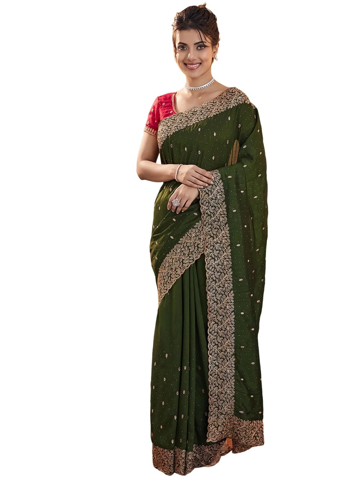 satrani Women's Silk Blend Embroidery Stone Work Saree with Unstitched Blouse Piece-picture-39